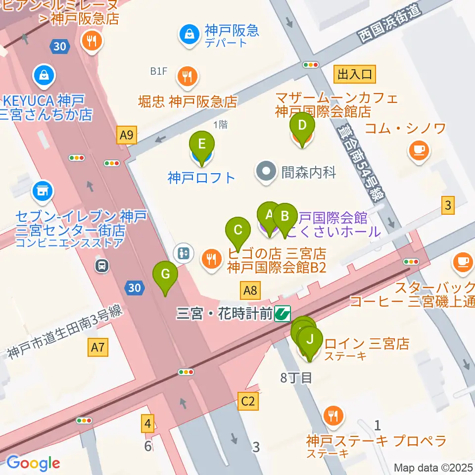 キノシネマ神戸国際周辺のファミレス・ファーストフード一覧地図