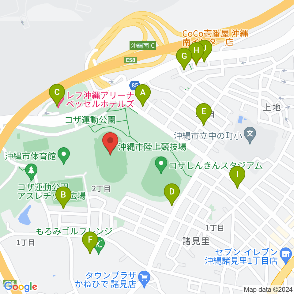 沖縄市陸上競技場周辺のファミレス・ファーストフード一覧地図
