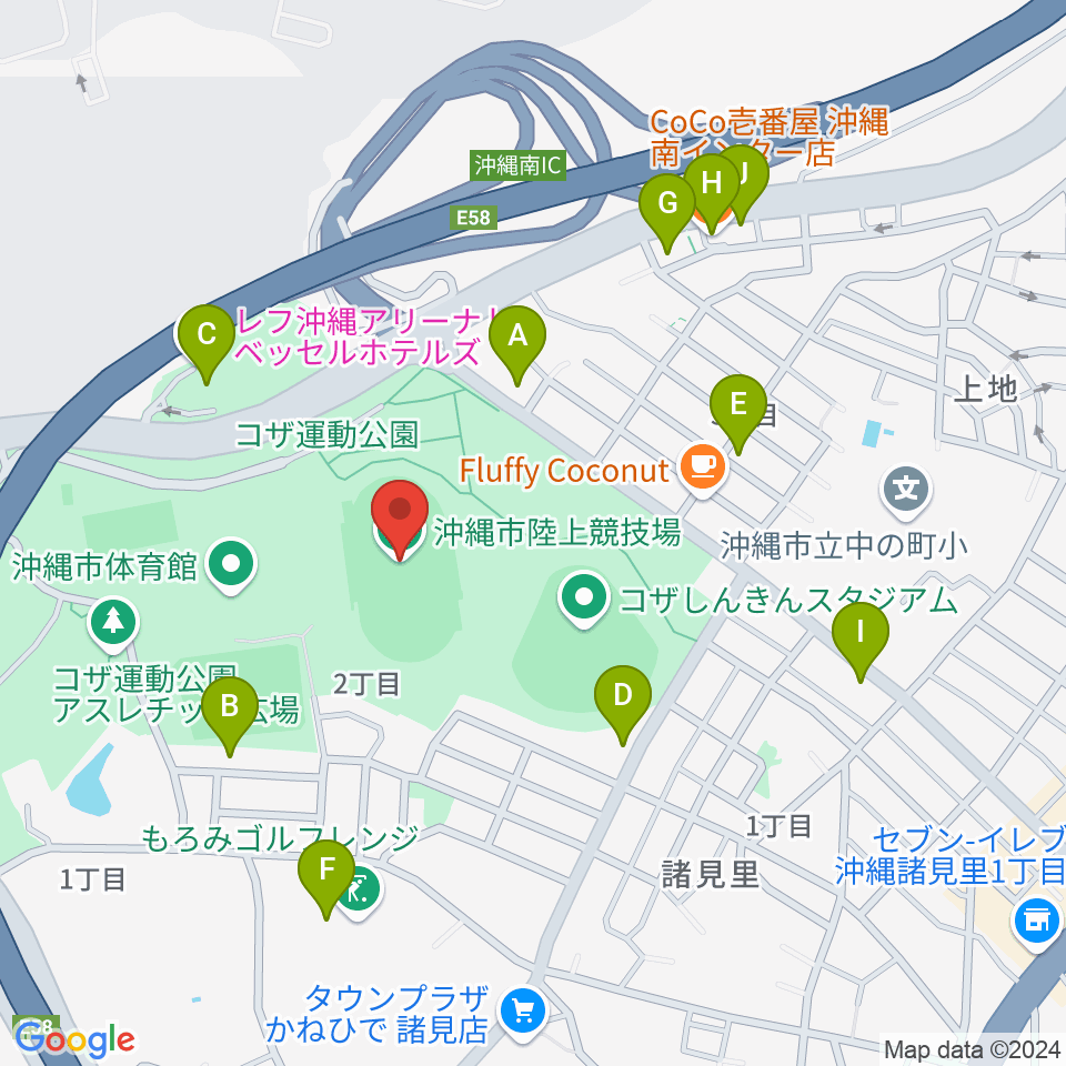 沖縄市陸上競技場周辺のファミレス・ファーストフード一覧地図