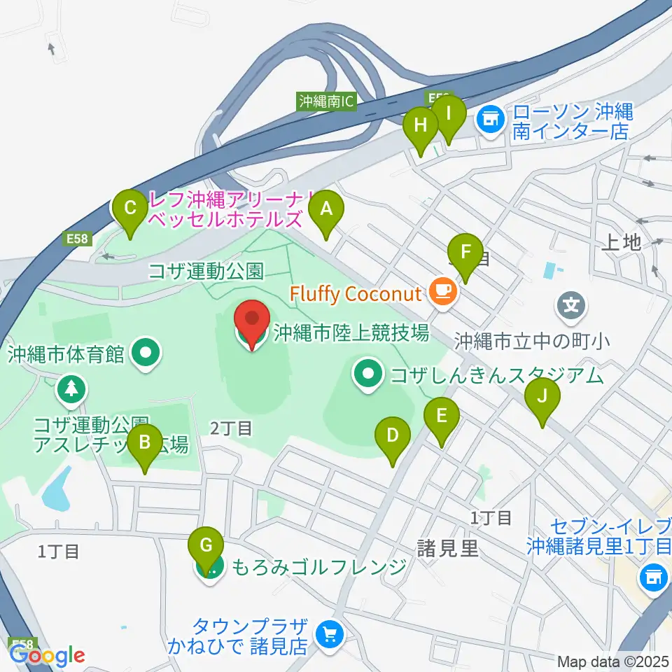 沖縄市陸上競技場周辺のファミレス・ファーストフード一覧地図