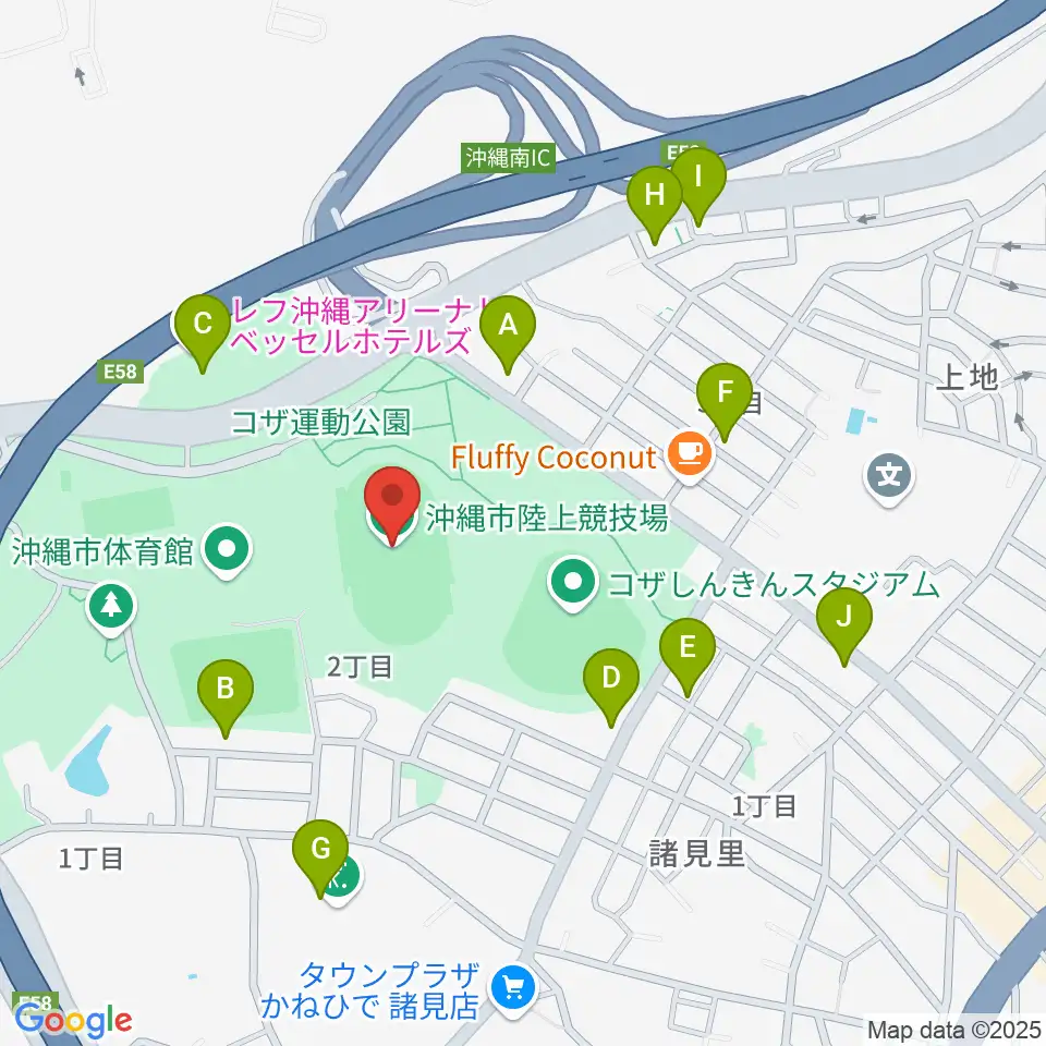 沖縄市陸上競技場周辺のファミレス・ファーストフード一覧地図