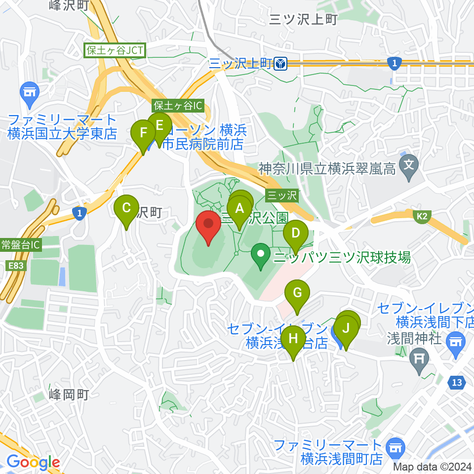 三ツ沢公園陸上競技場周辺のファミレス・ファーストフード一覧地図