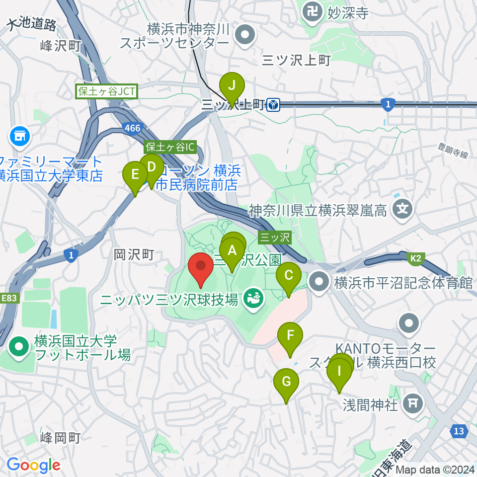 三ツ沢公園陸上競技場周辺のファミレス・ファーストフード一覧地図