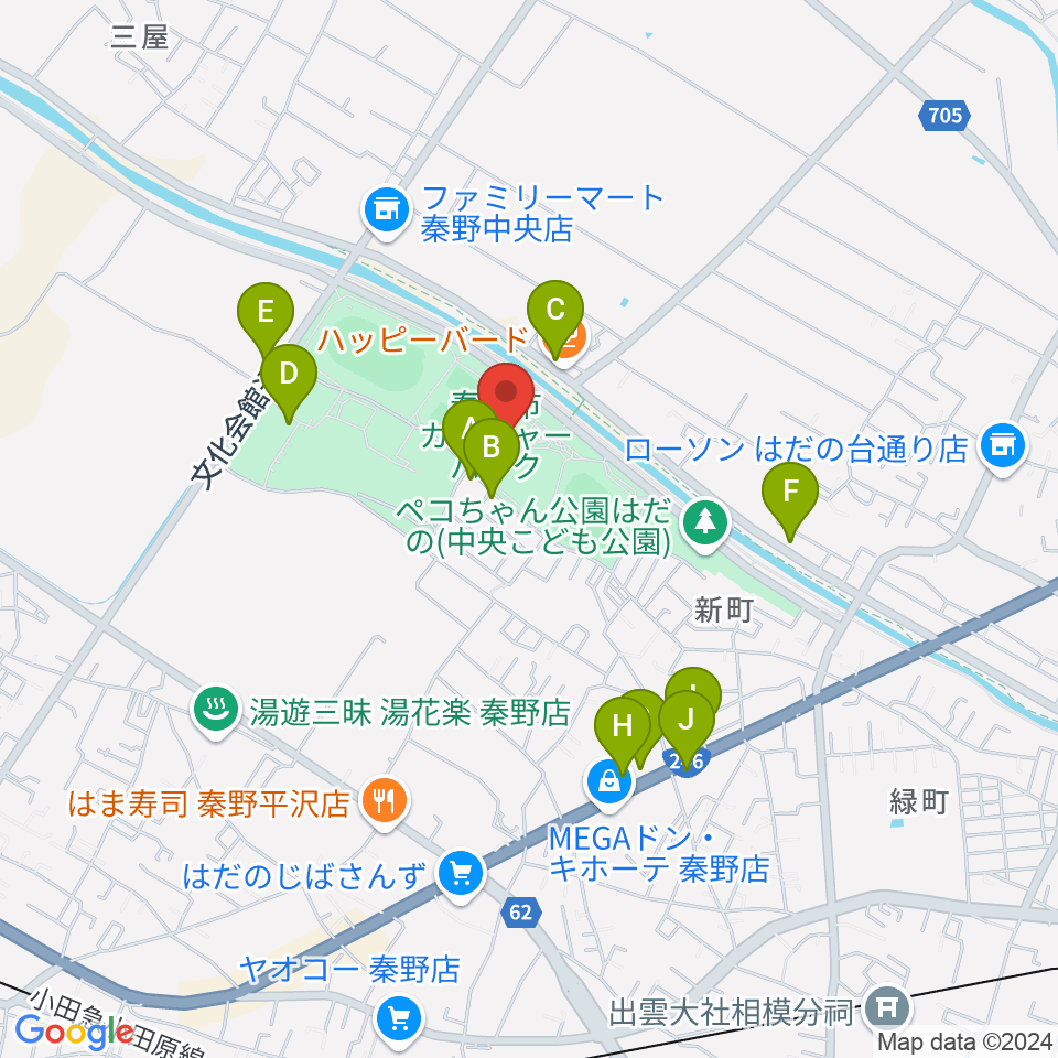 秦野市カルチャーパーク陸上競技場周辺のファミレス・ファーストフード一覧地図