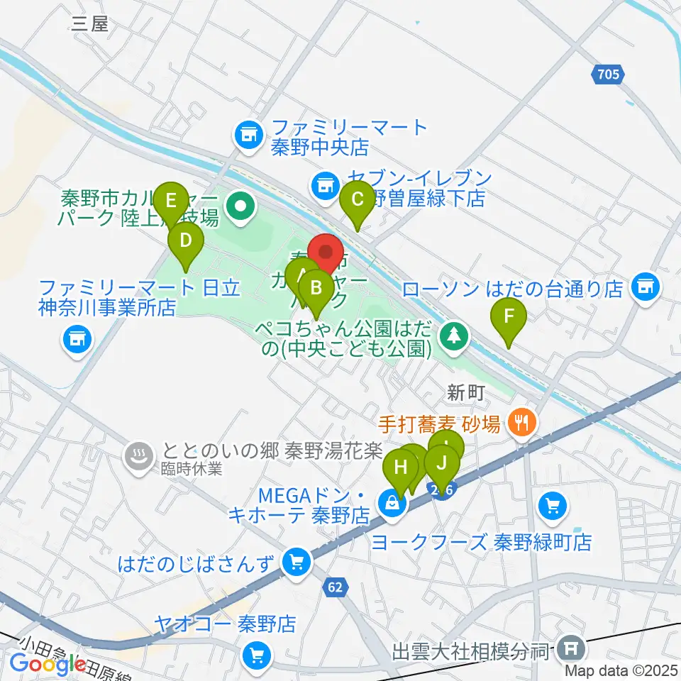秦野市カルチャーパーク陸上競技場周辺のファミレス・ファーストフード一覧地図