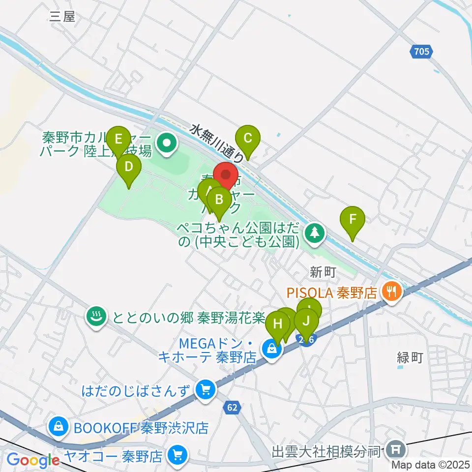 秦野市カルチャーパーク陸上競技場周辺のファミレス・ファーストフード一覧地図