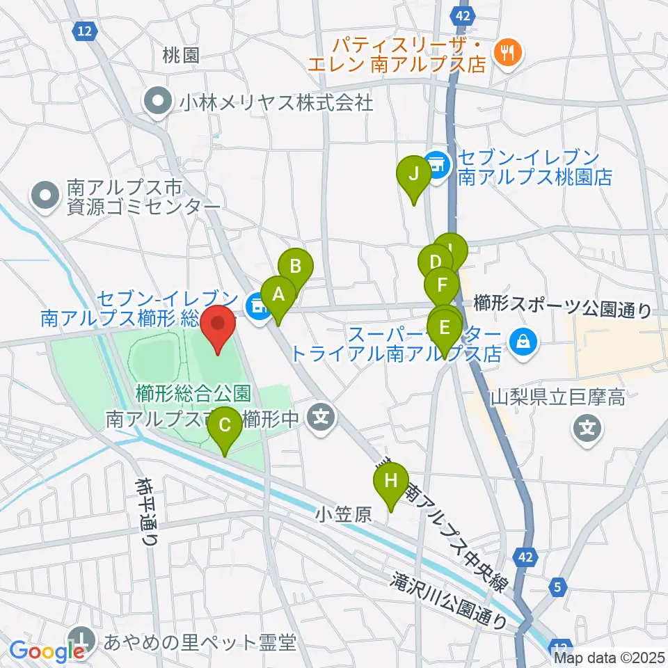 日世 南アルプススタジアム周辺のファミレス・ファーストフード一覧地図