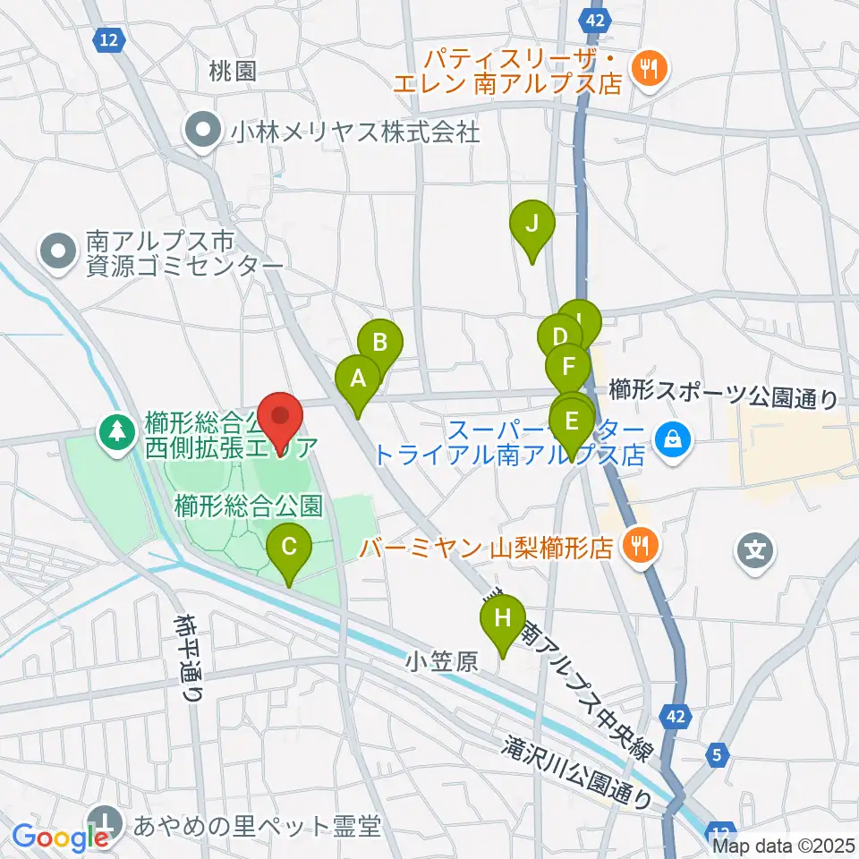 日世 南アルプススタジアム周辺のファミレス・ファーストフード一覧地図