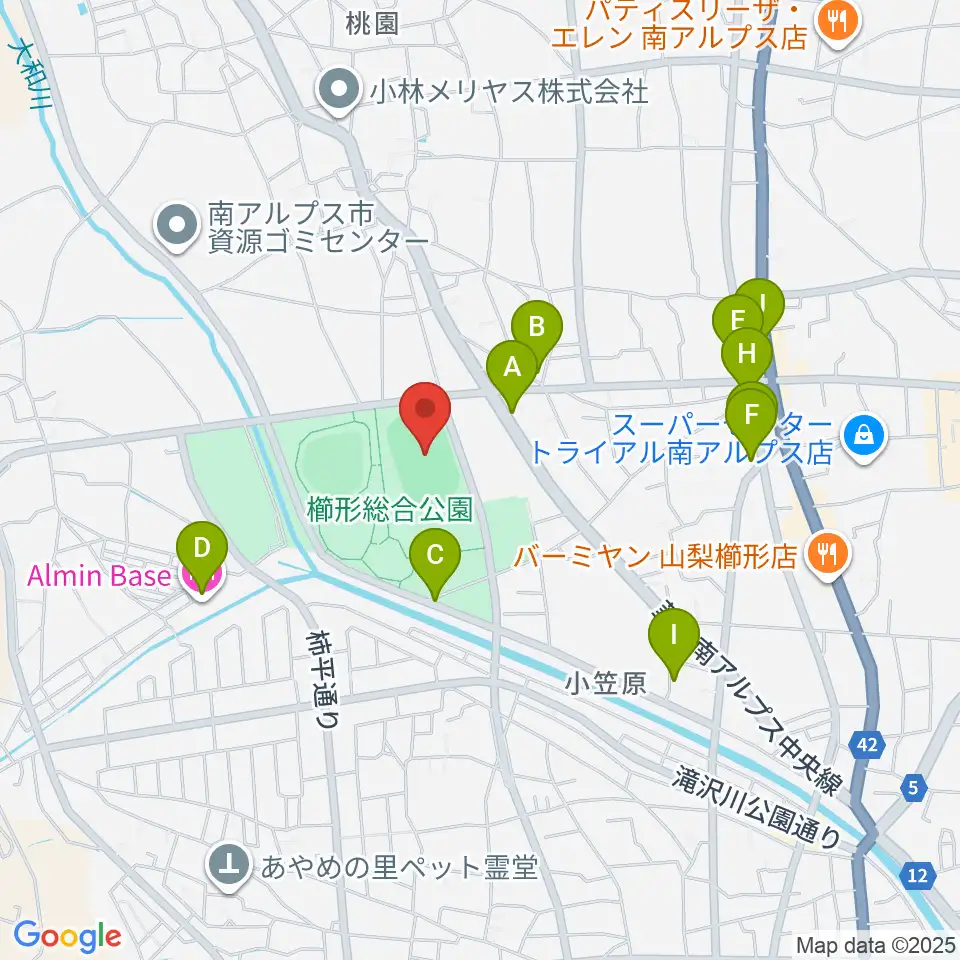 日世 南アルプススタジアム周辺のファミレス・ファーストフード一覧地図
