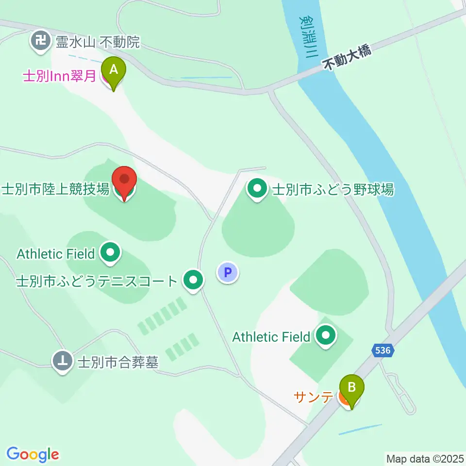 士別市陸上競技場周辺のファミレス・ファーストフード一覧地図