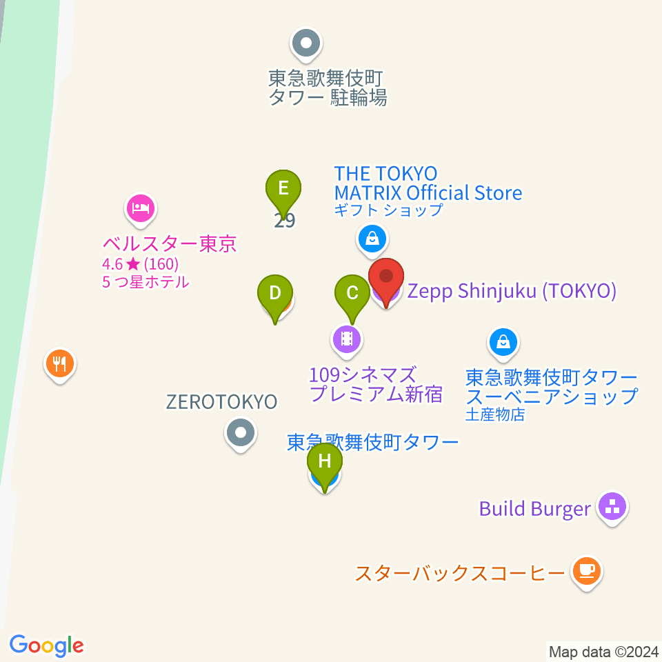 Zepp新宿周辺のファミレス・ファーストフード一覧地図