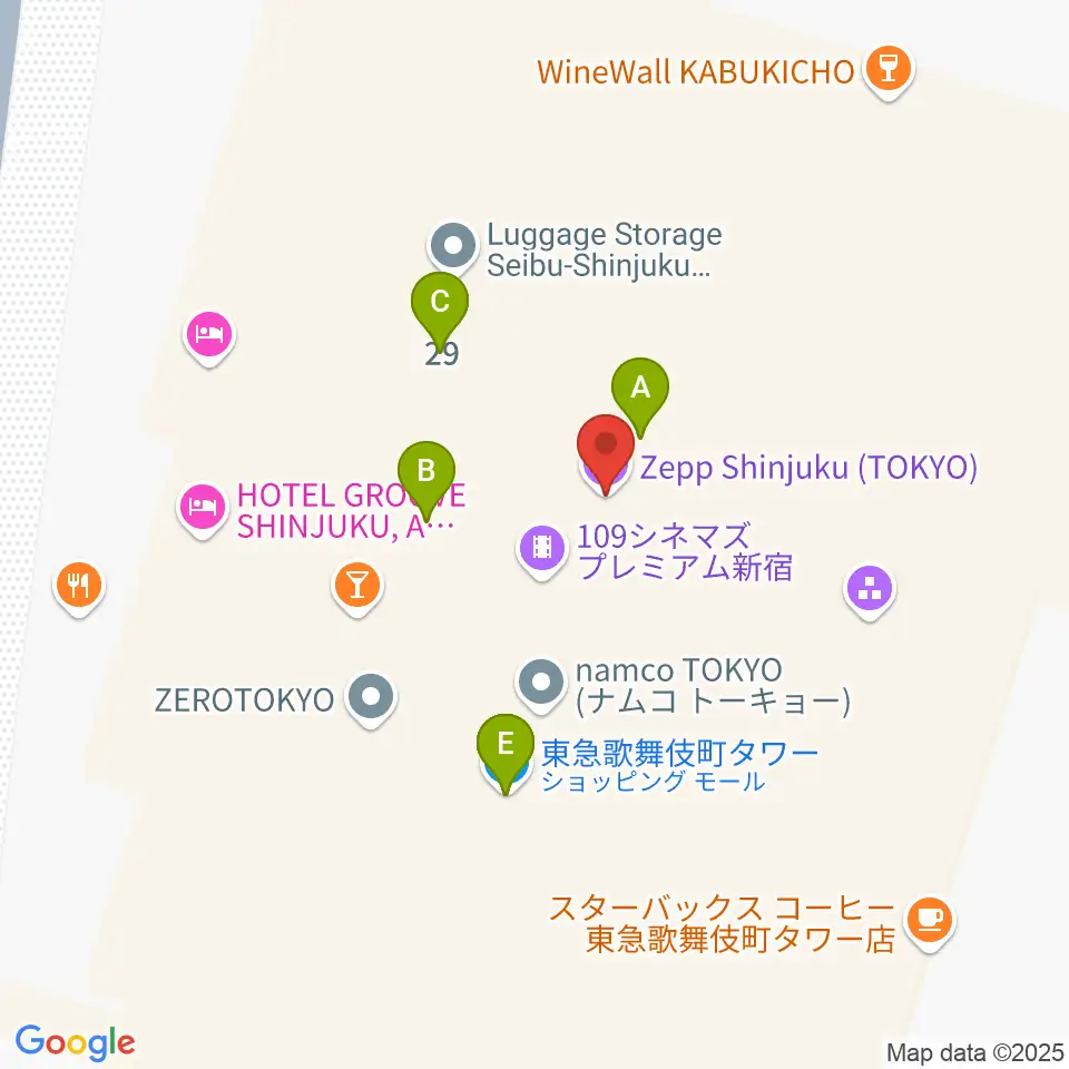 Zepp新宿周辺のファミレス・ファーストフード一覧地図