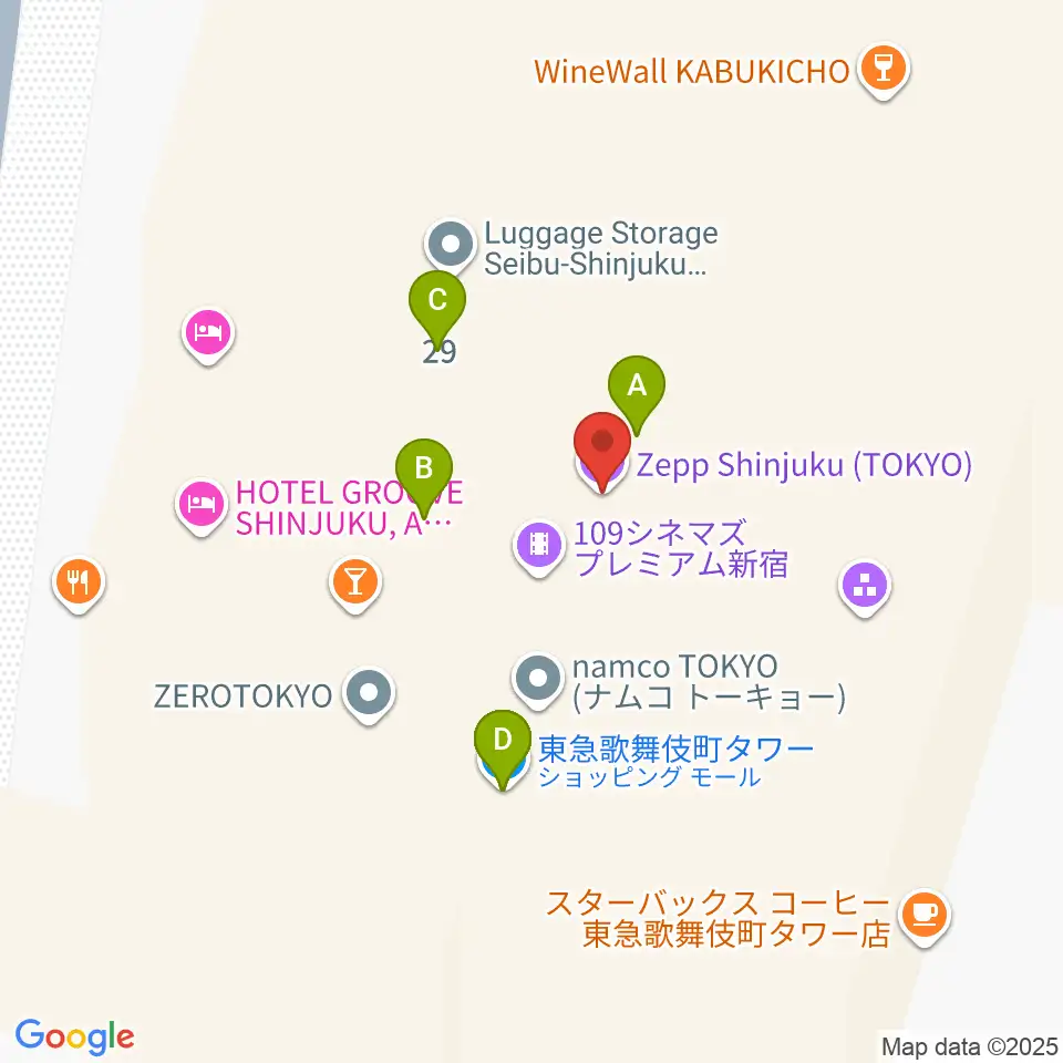 Zepp新宿周辺のファミレス・ファーストフード一覧地図