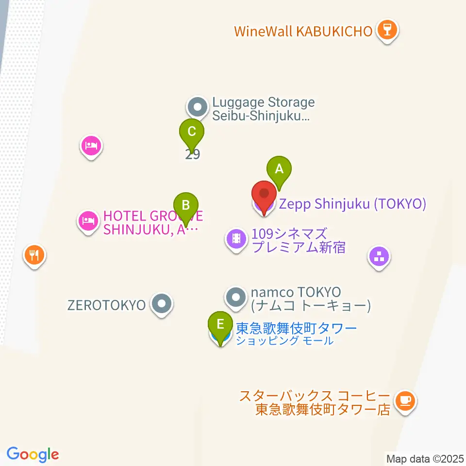 Zepp新宿周辺のファミレス・ファーストフード一覧地図