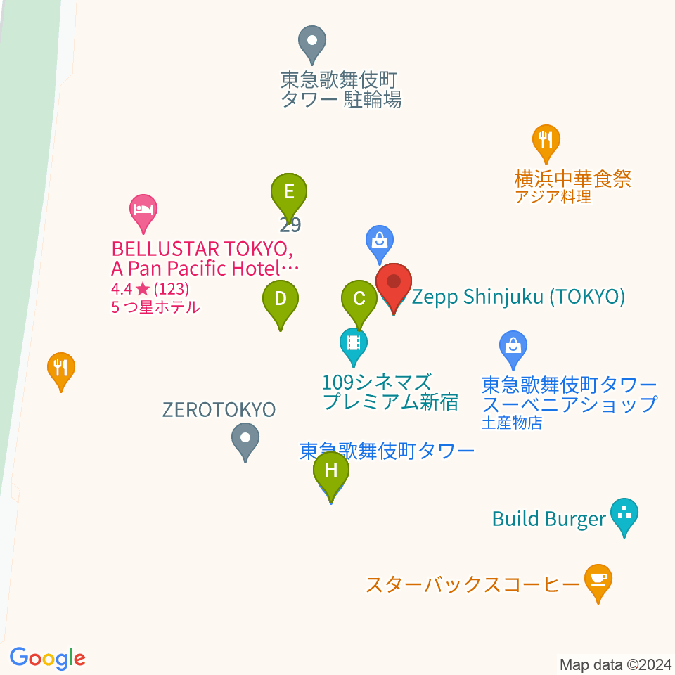 109シネマズプレミアム新宿周辺のファミレス・ファーストフード一覧地図