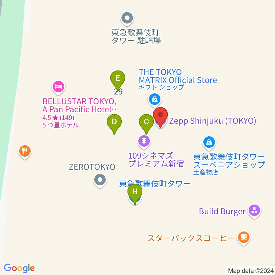 109シネマズプレミアム新宿周辺のファミレス・ファーストフード一覧地図