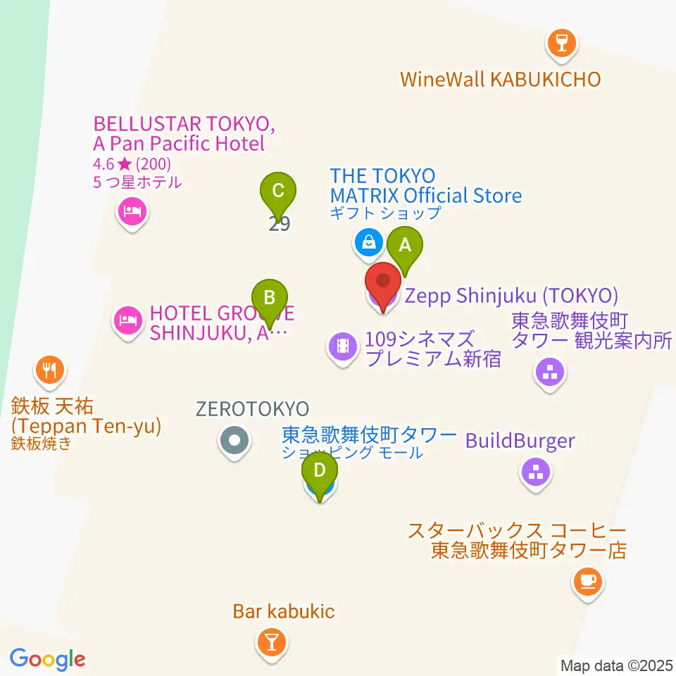 109シネマズプレミアム新宿周辺のファミレス・ファーストフード一覧地図