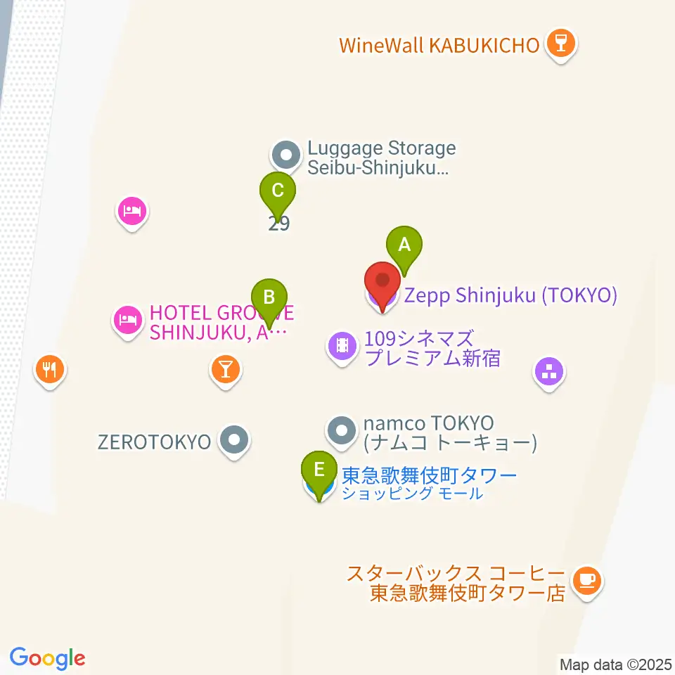 109シネマズプレミアム新宿周辺のファミレス・ファーストフード一覧地図