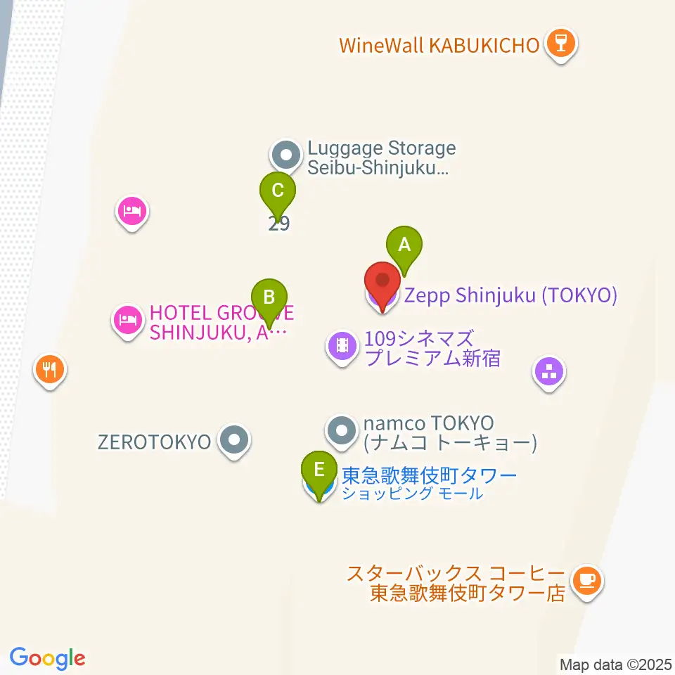 109シネマズプレミアム新宿周辺のファミレス・ファーストフード一覧地図