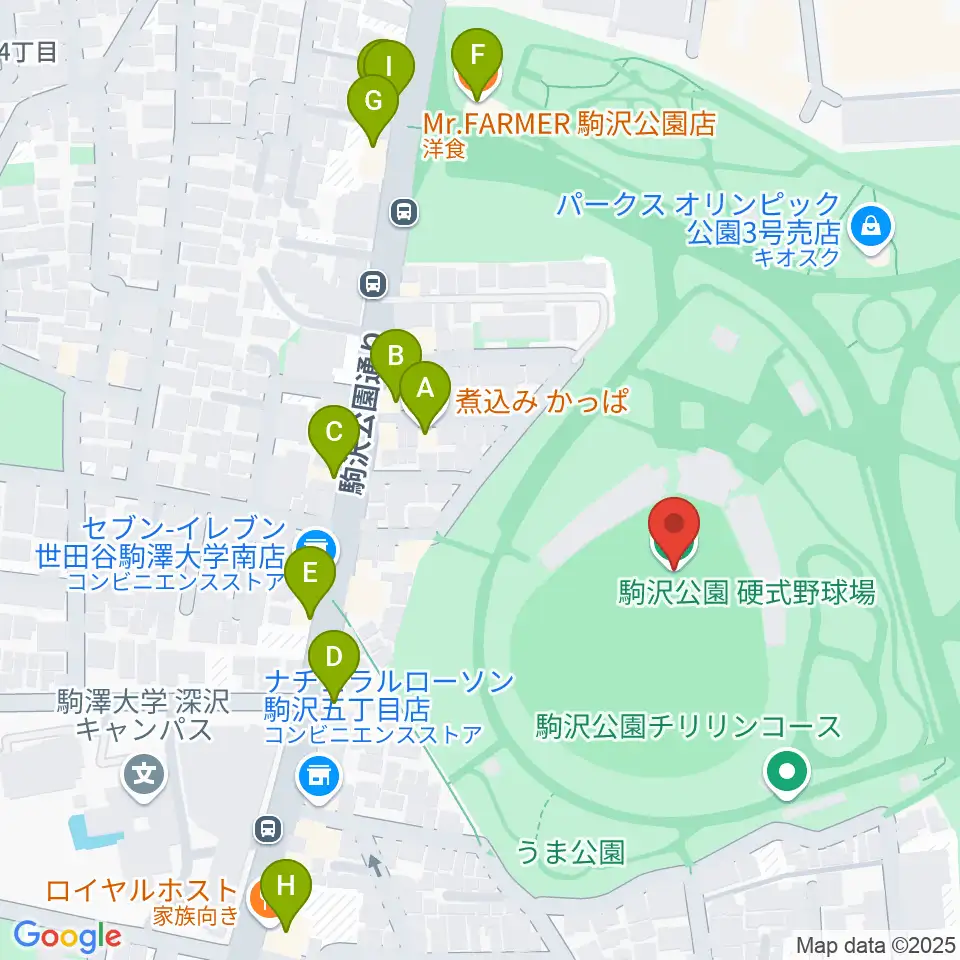 駒沢オリンピック公園硬式野球場周辺のファミレス・ファーストフード一覧地図