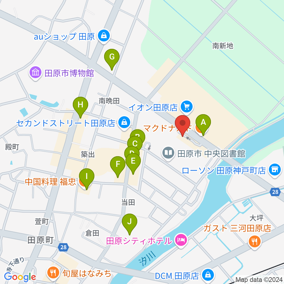 田原文化会館周辺のファミレス・ファーストフード一覧地図