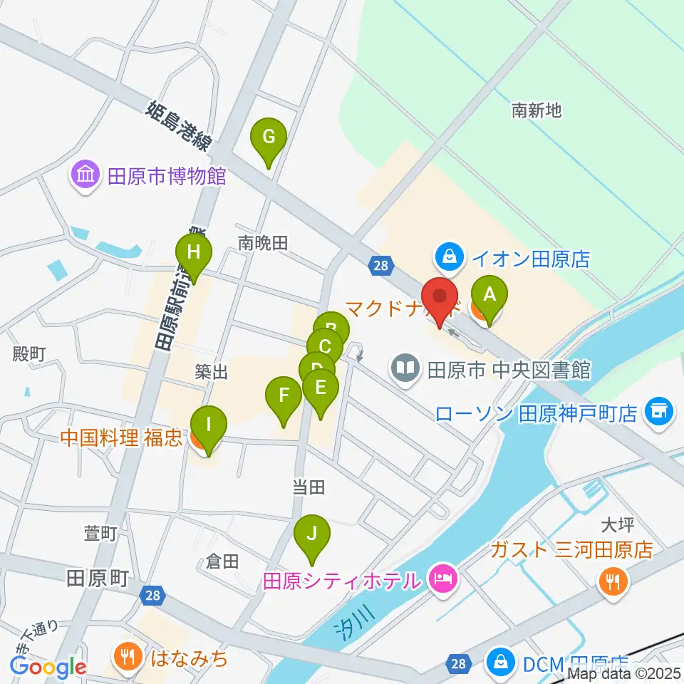 田原文化会館周辺のファミレス・ファーストフード一覧地図
