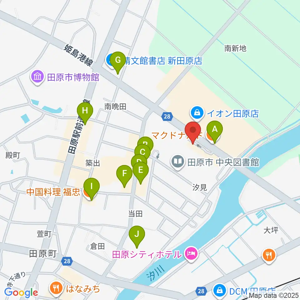 田原文化会館周辺のファミレス・ファーストフード一覧地図