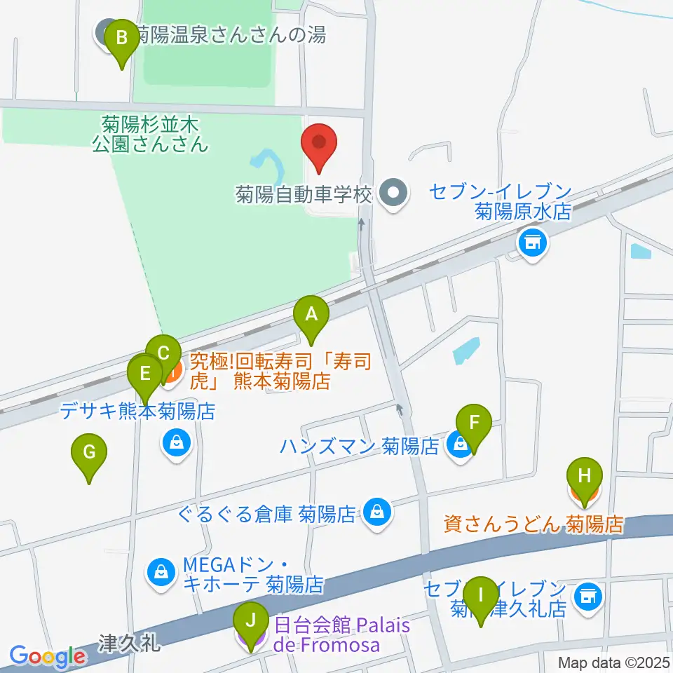 菊陽町図書館ホール周辺のファミレス・ファーストフード一覧地図