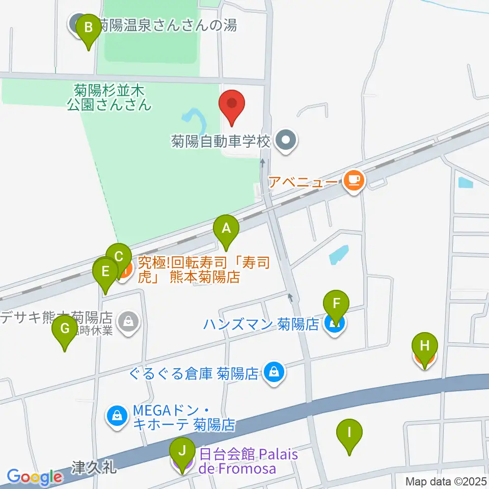 菊陽町図書館ホール周辺のファミレス・ファーストフード一覧地図