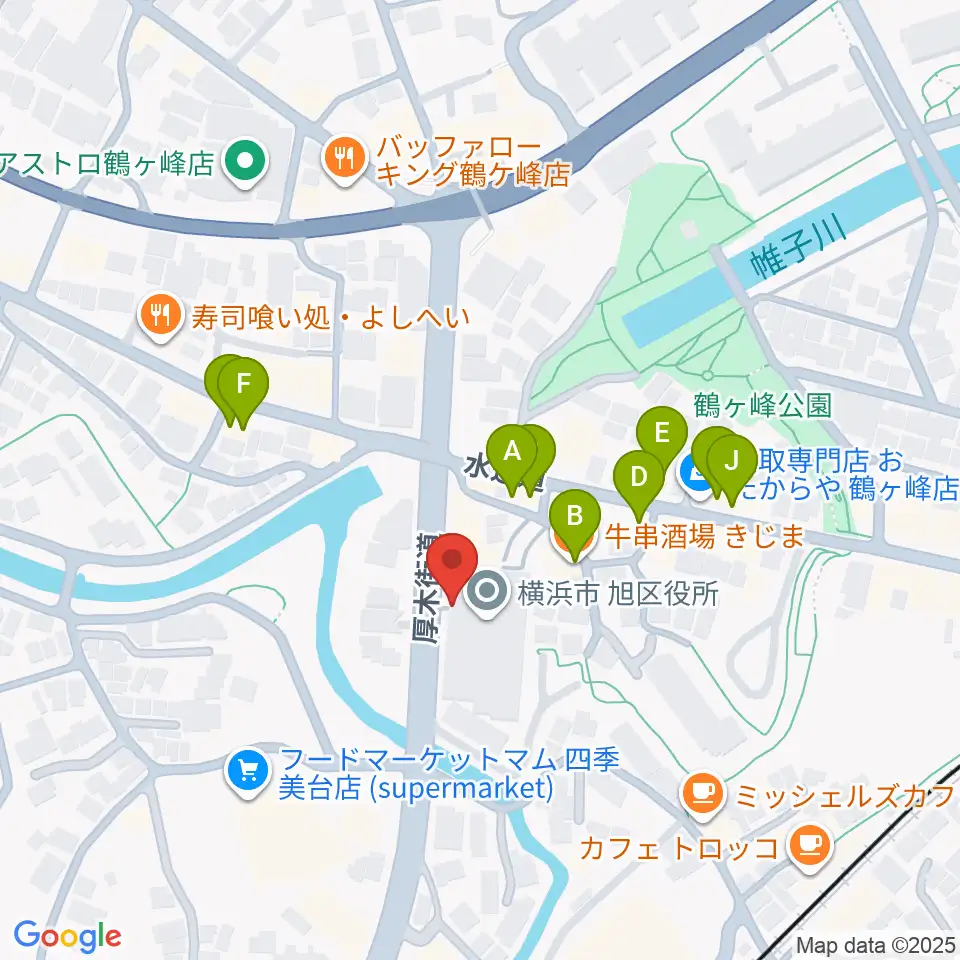 横浜市旭公会堂周辺のファミレス・ファーストフード一覧地図