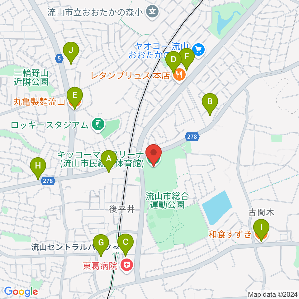 キッコーマンアリーナ周辺のファミレス・ファーストフード一覧地図