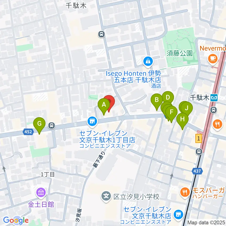 団子坂スタジオ周辺のファミレス・ファーストフード一覧地図