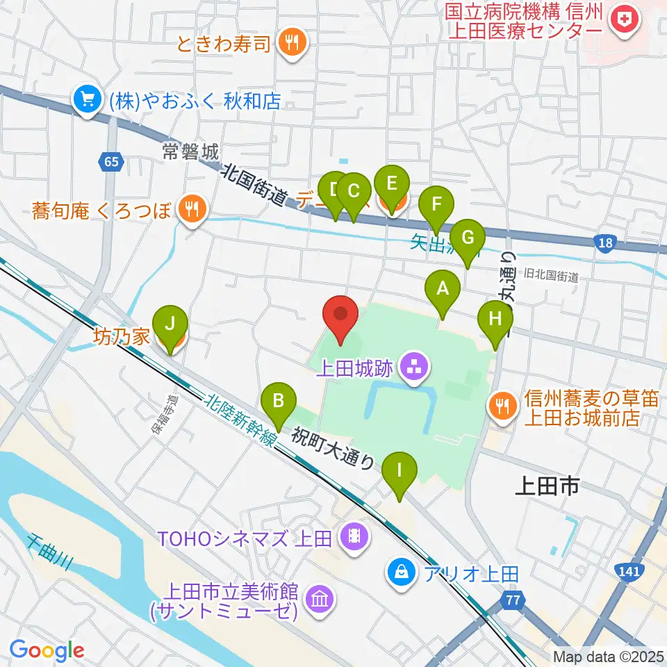 上田城跡公園野球場周辺のファミレス・ファーストフード一覧地図