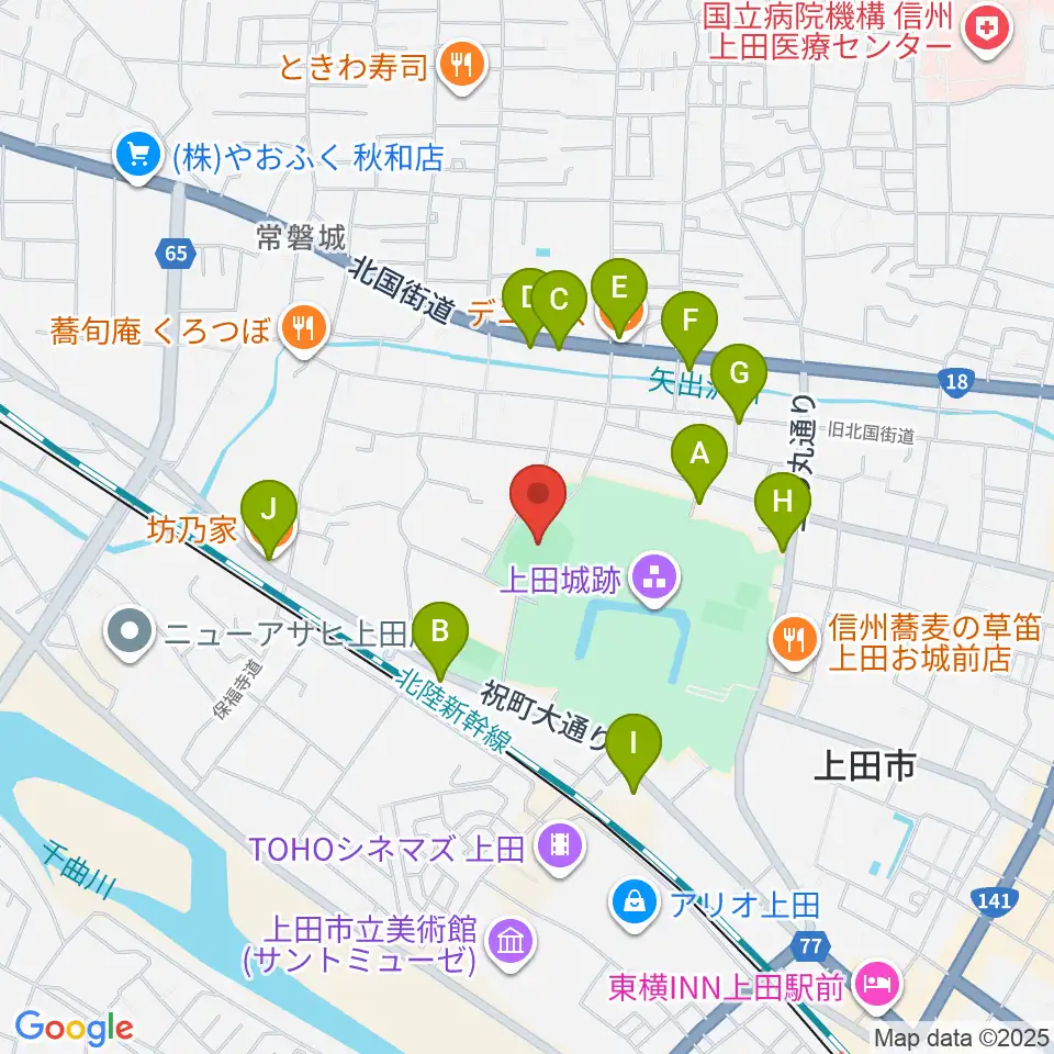 上田城跡公園野球場周辺のファミレス・ファーストフード一覧地図