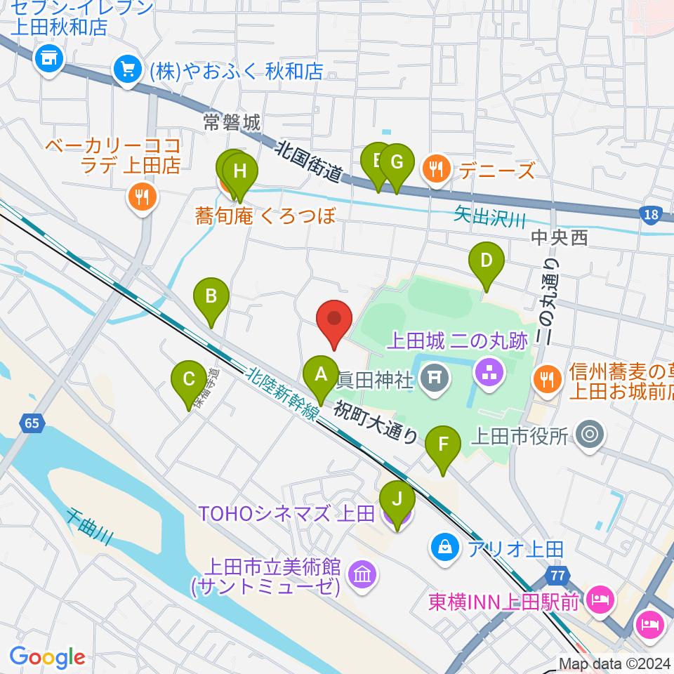 上田城跡公園体育館周辺のファミレス・ファーストフード一覧地図