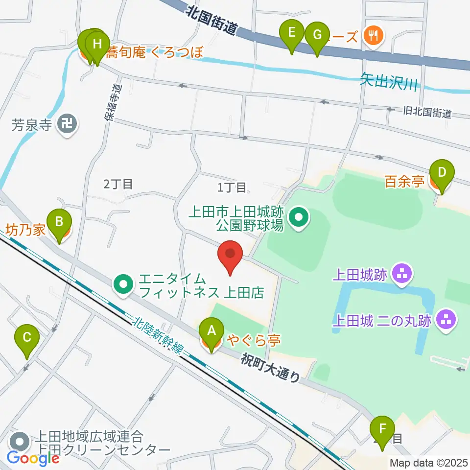 上田城跡公園体育館周辺のファミレス・ファーストフード一覧地図