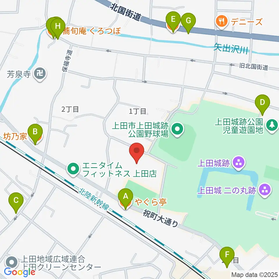 上田城跡公園体育館周辺のファミレス・ファーストフード一覧地図