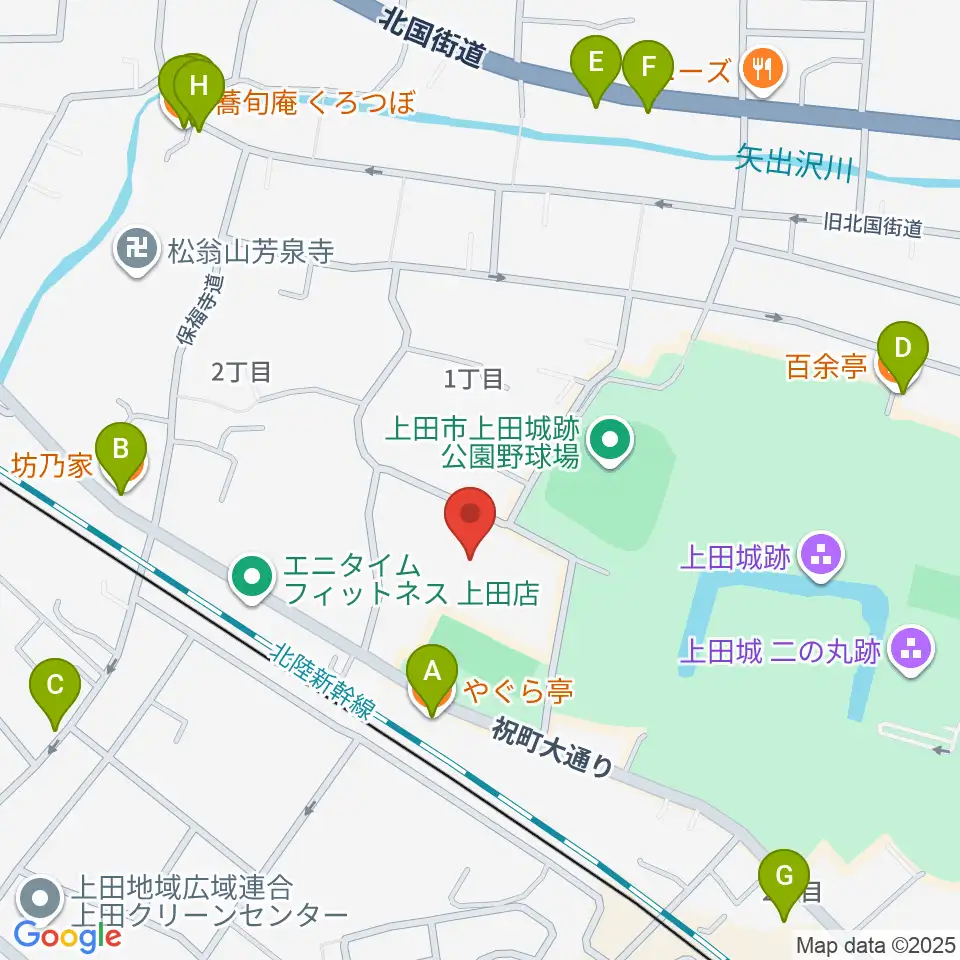 上田城跡公園体育館周辺のファミレス・ファーストフード一覧地図