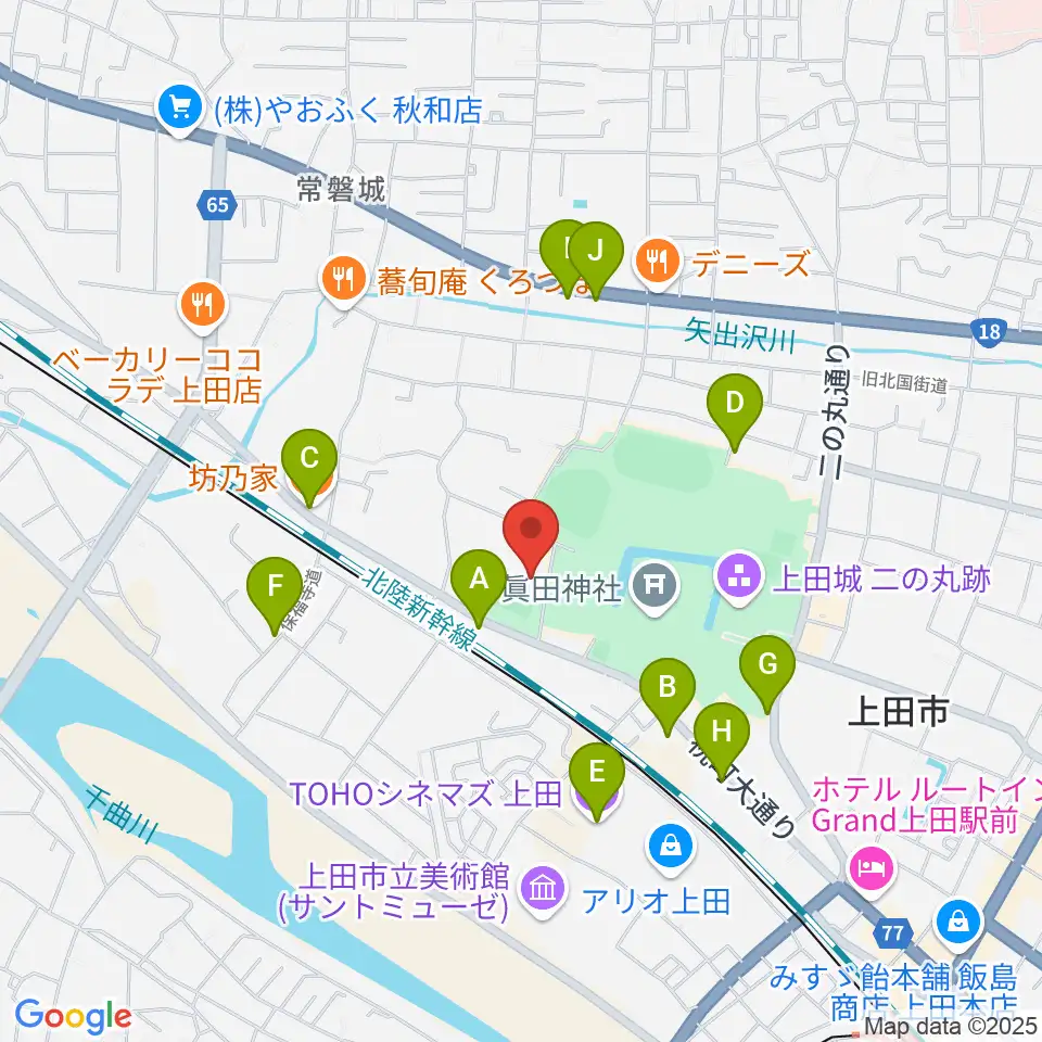 上田城跡公園第二体育館周辺のファミレス・ファーストフード一覧地図