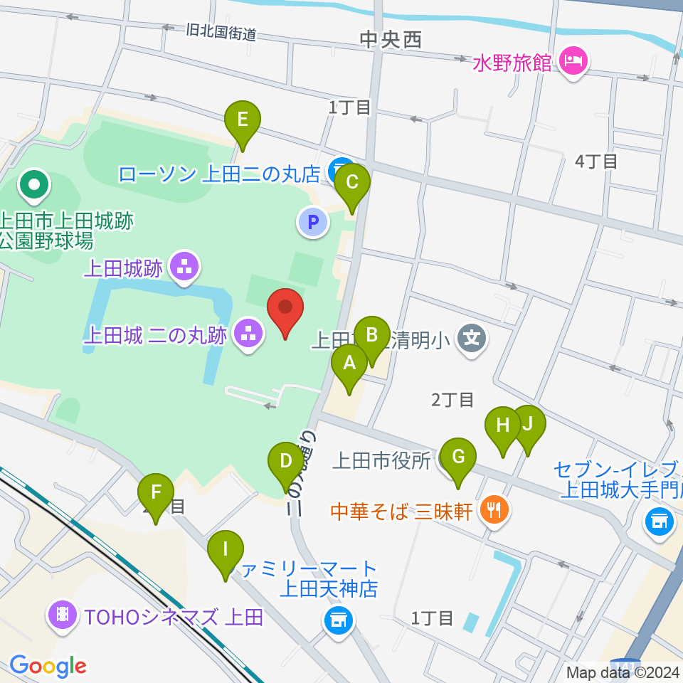 上田市立博物館周辺のファミレス・ファーストフード一覧地図