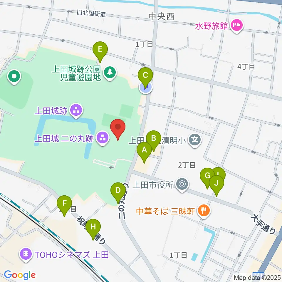 上田市立博物館周辺のファミレス・ファーストフード一覧地図