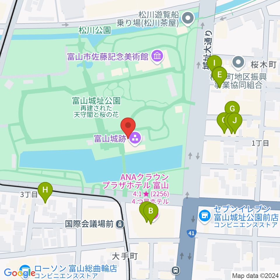 富山市立郷土博物館周辺のファミレス・ファーストフード一覧地図