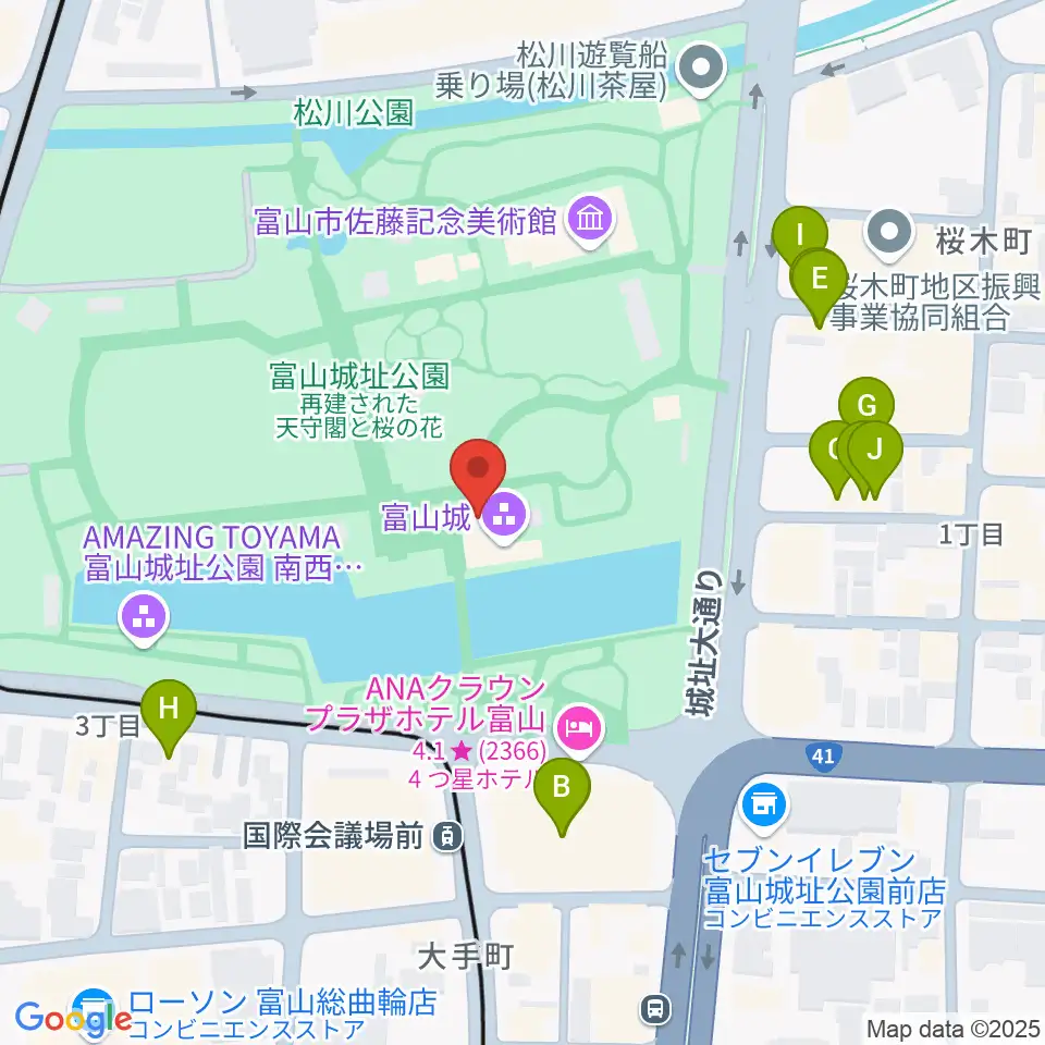 富山市郷土博物館周辺のファミレス・ファーストフード一覧地図