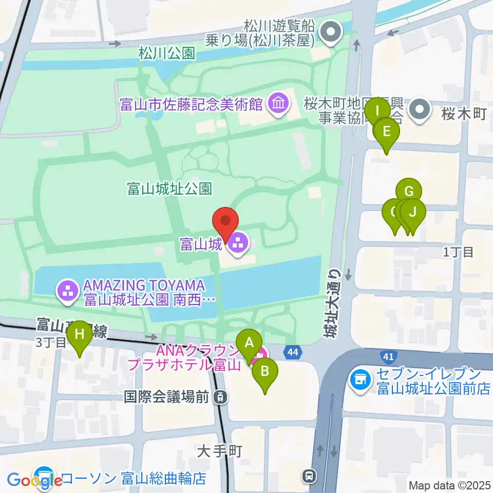 富山市郷土博物館周辺のファミレス・ファーストフード一覧地図