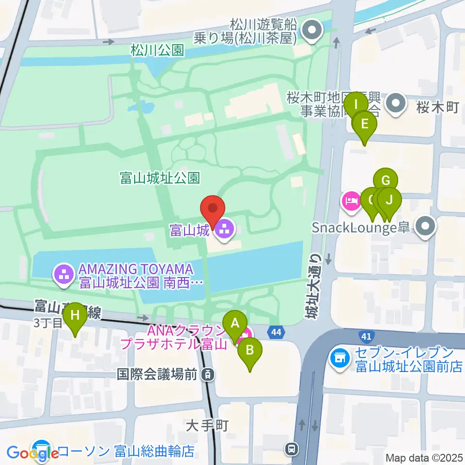 富山市郷土博物館周辺のファミレス・ファーストフード一覧地図