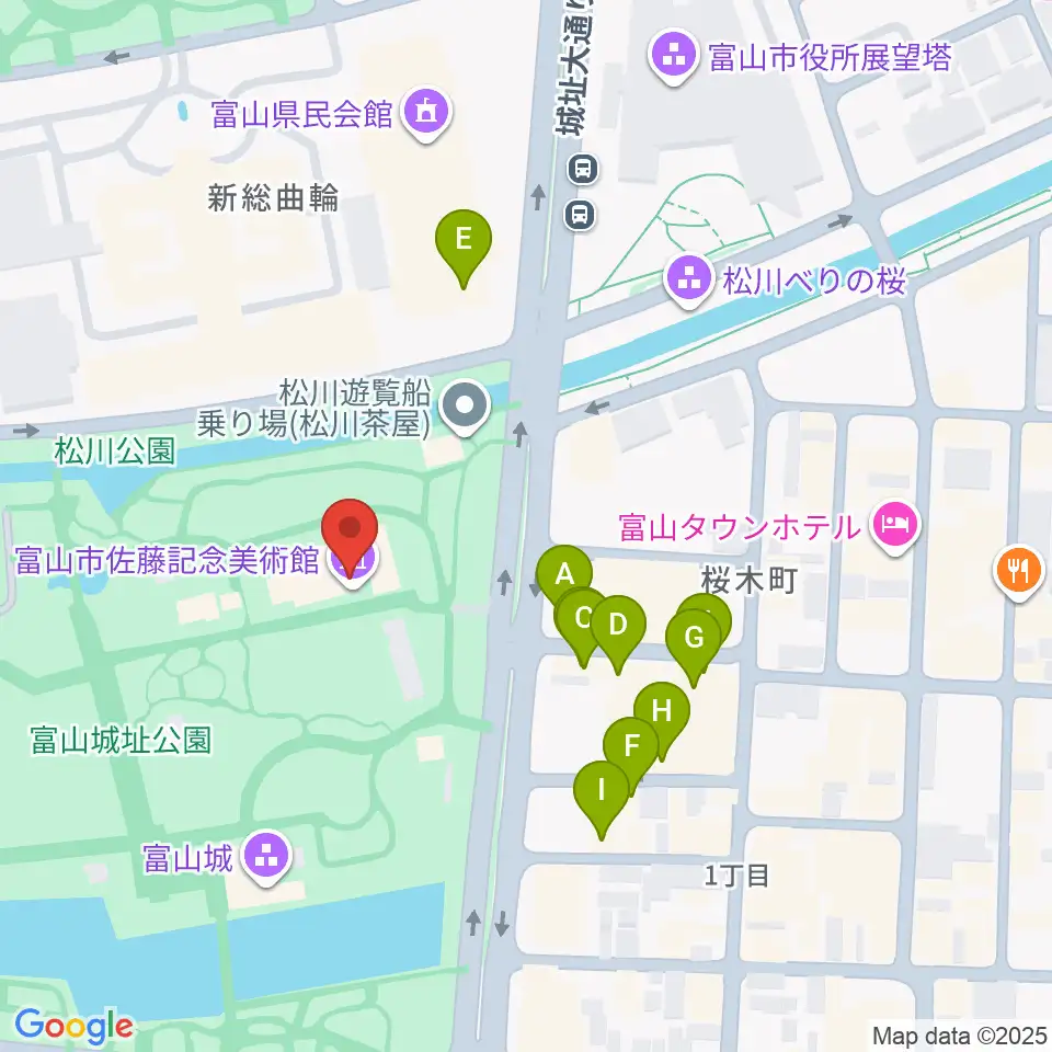 富山市佐藤記念美術館周辺のファミレス・ファーストフード一覧地図