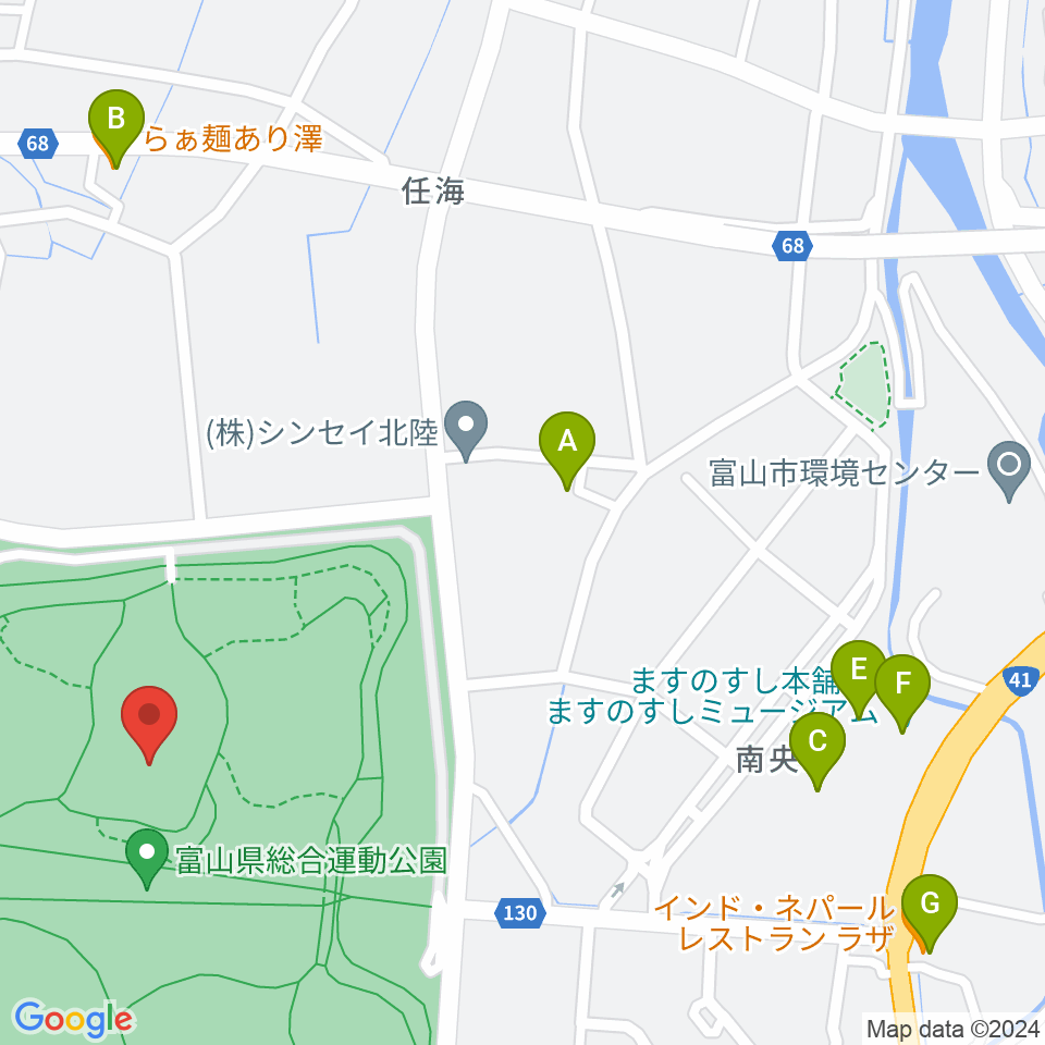 富山県総合運動公園屋内グラウンド周辺のファミレス・ファーストフード一覧地図