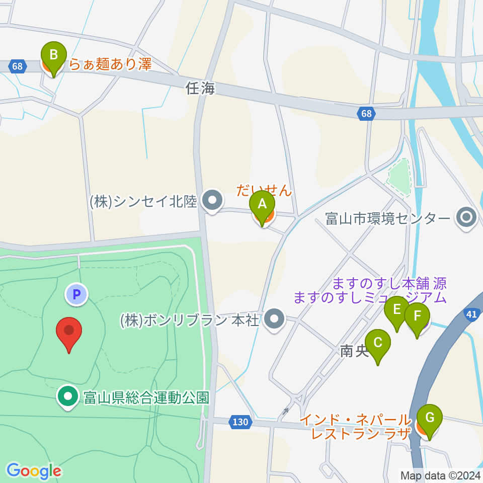 富山県総合運動公園屋内グラウンド周辺のファミレス・ファーストフード一覧地図