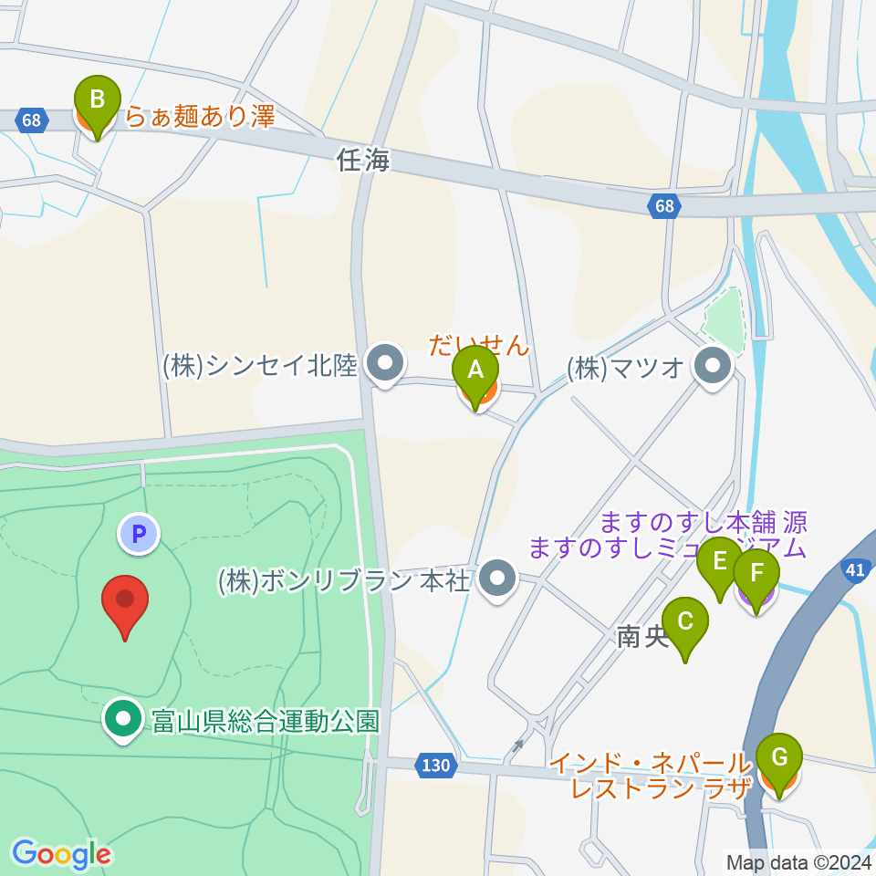 富山県総合運動公園屋内グラウンド周辺のファミレス・ファーストフード一覧地図