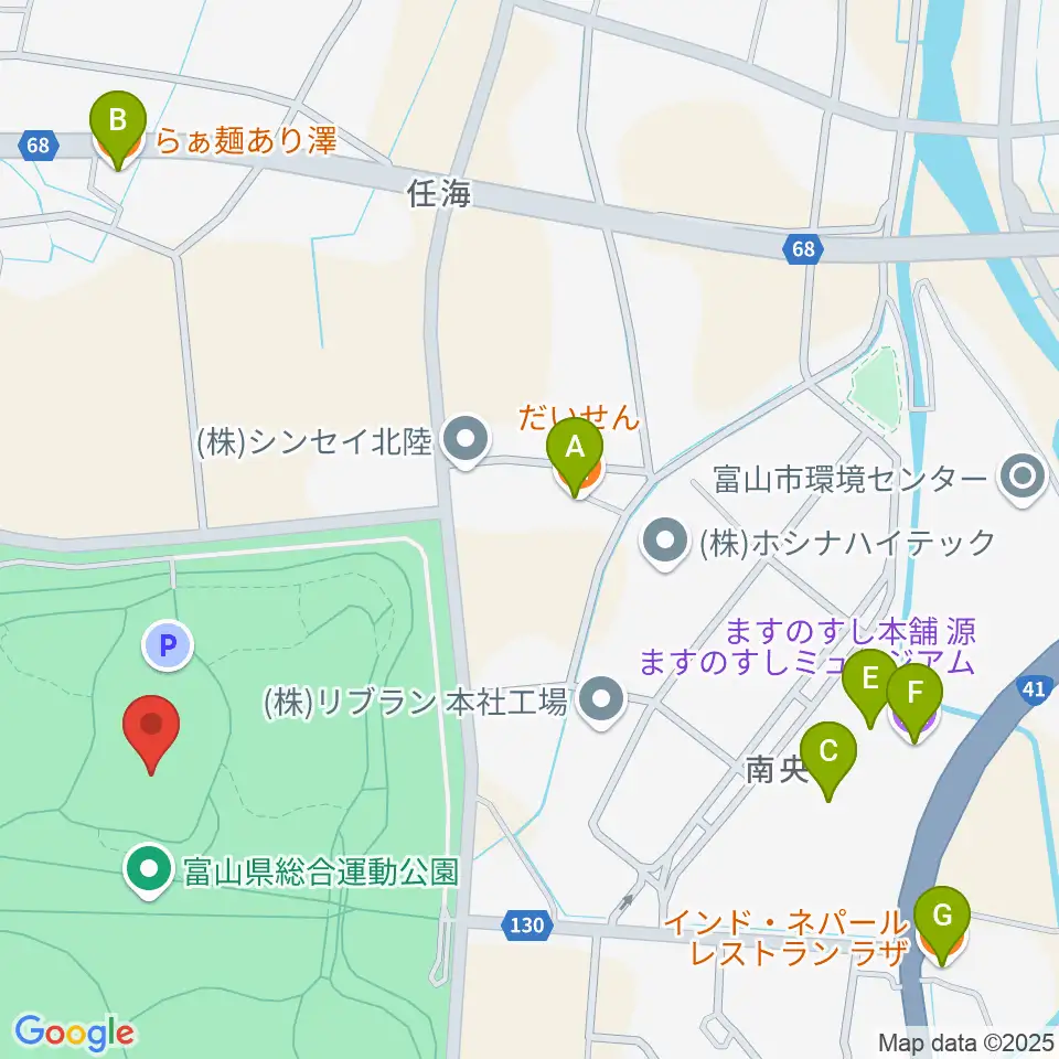 富山県総合運動公園屋内グラウンド周辺のファミレス・ファーストフード一覧地図